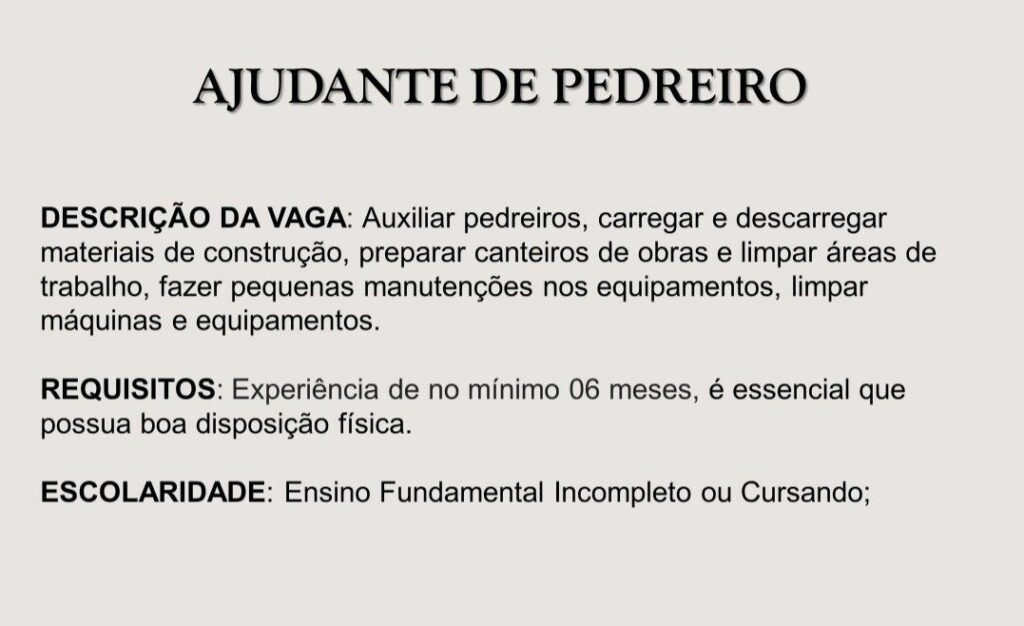 Empresa Seleciona Para Vaga De Ajudante De Pedreiro Envie Seu