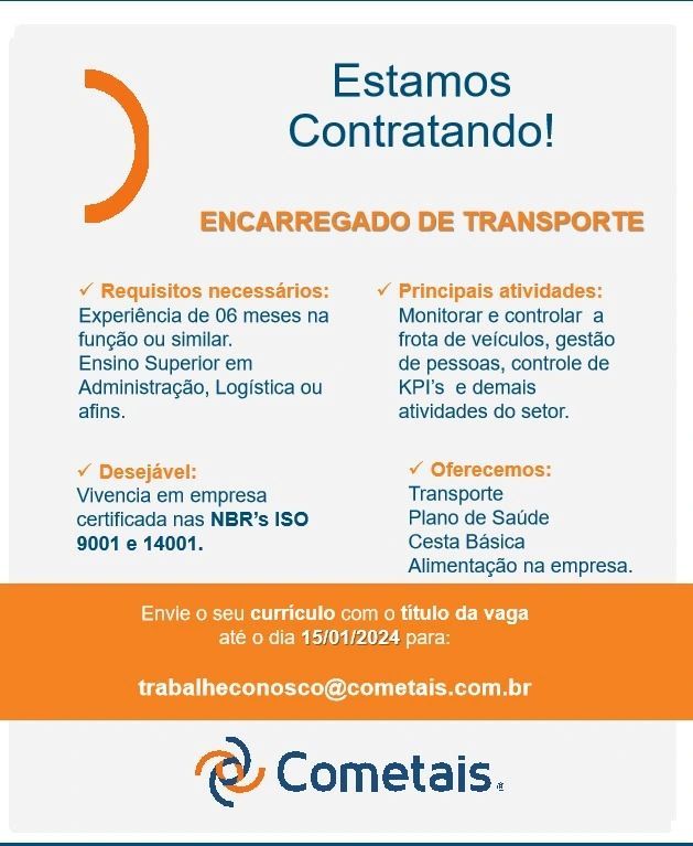 Empresa Deseja Contratar Encarregado De Transporte Envie Seu Curr Culo