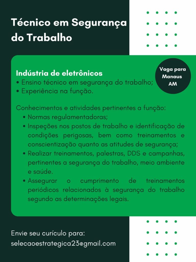 Empresa Seleciona Para Vaga De T Cnico Em Seguran A Do Trabalho Envie