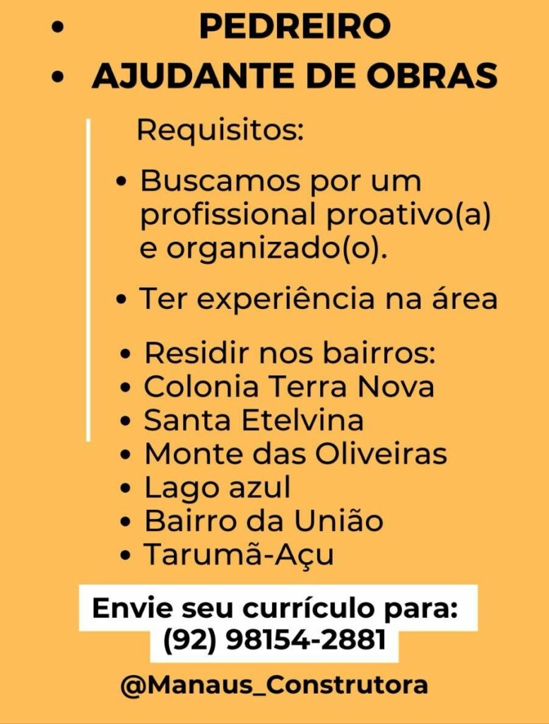 Empresa Deseja Contratar Ajudante De Obras Envie Seu Curr Culo