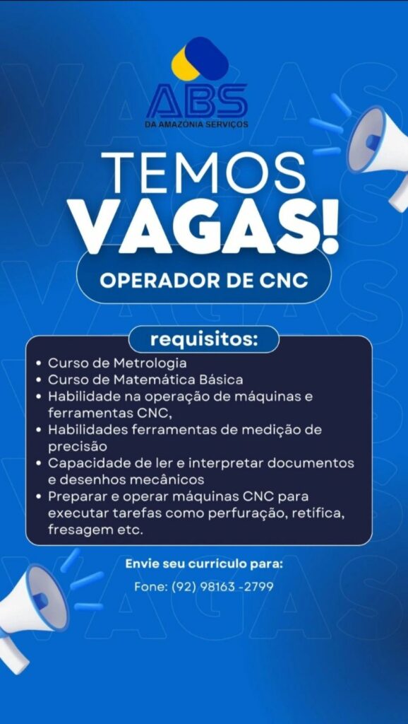 Empresa seleciona para vaga de Operador de cnc Envie seu currículo