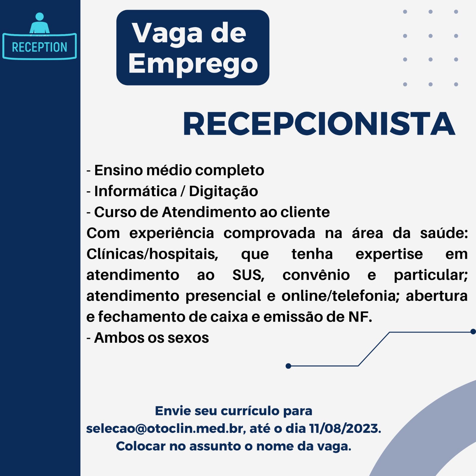 Empresa Contrata Para Início Imediato Recepcionista Envie Seu Currículo Central De Noticias 8559